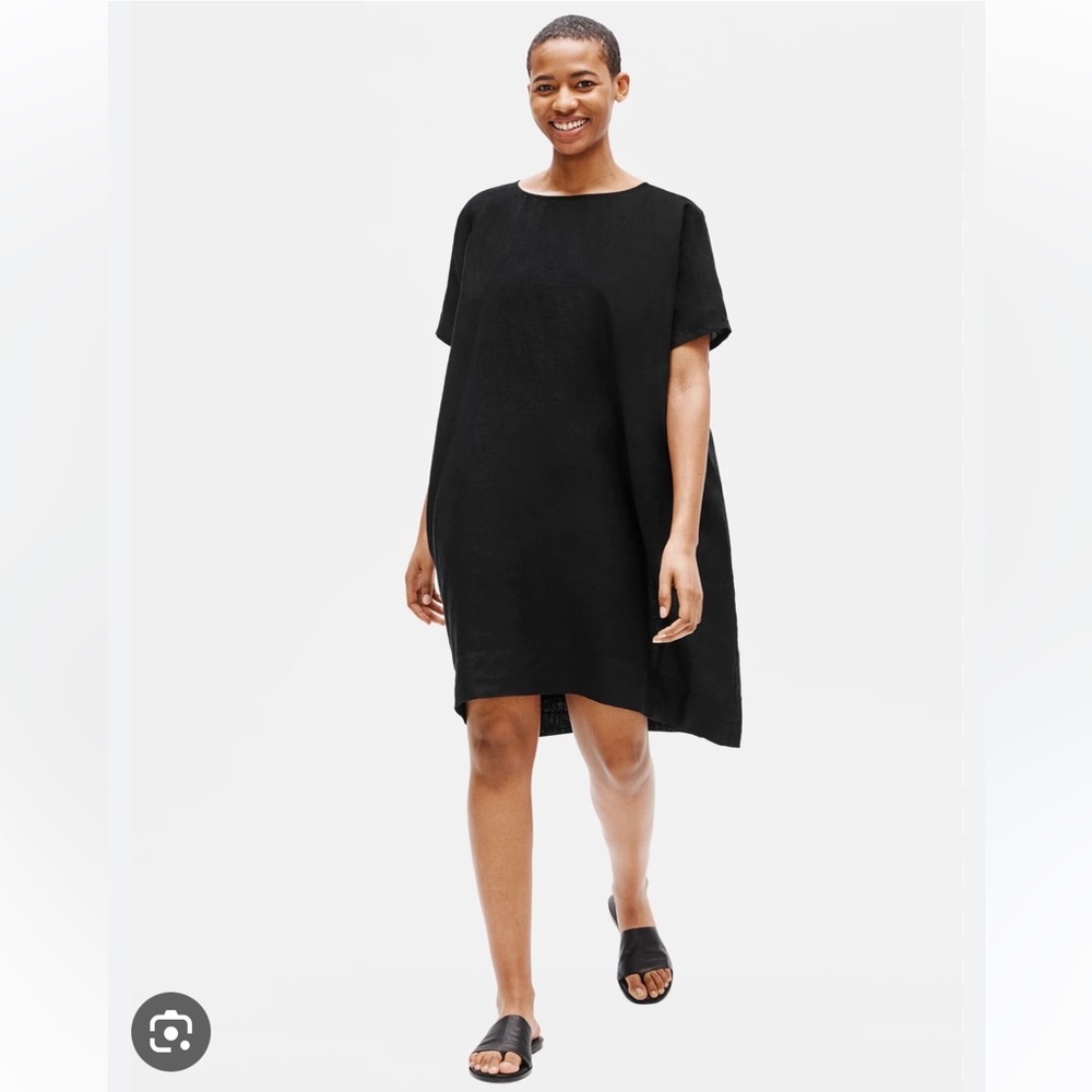 Eileen Fisher Organic Hankerchief Linen Boxy Dress Black Breezy Summer Relaxed S